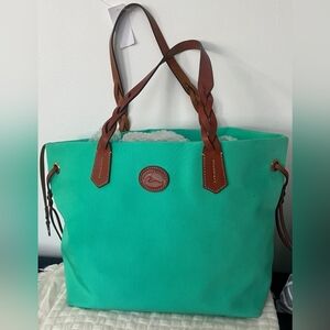 Chic Turquoise Tote with Brown Leather Handles